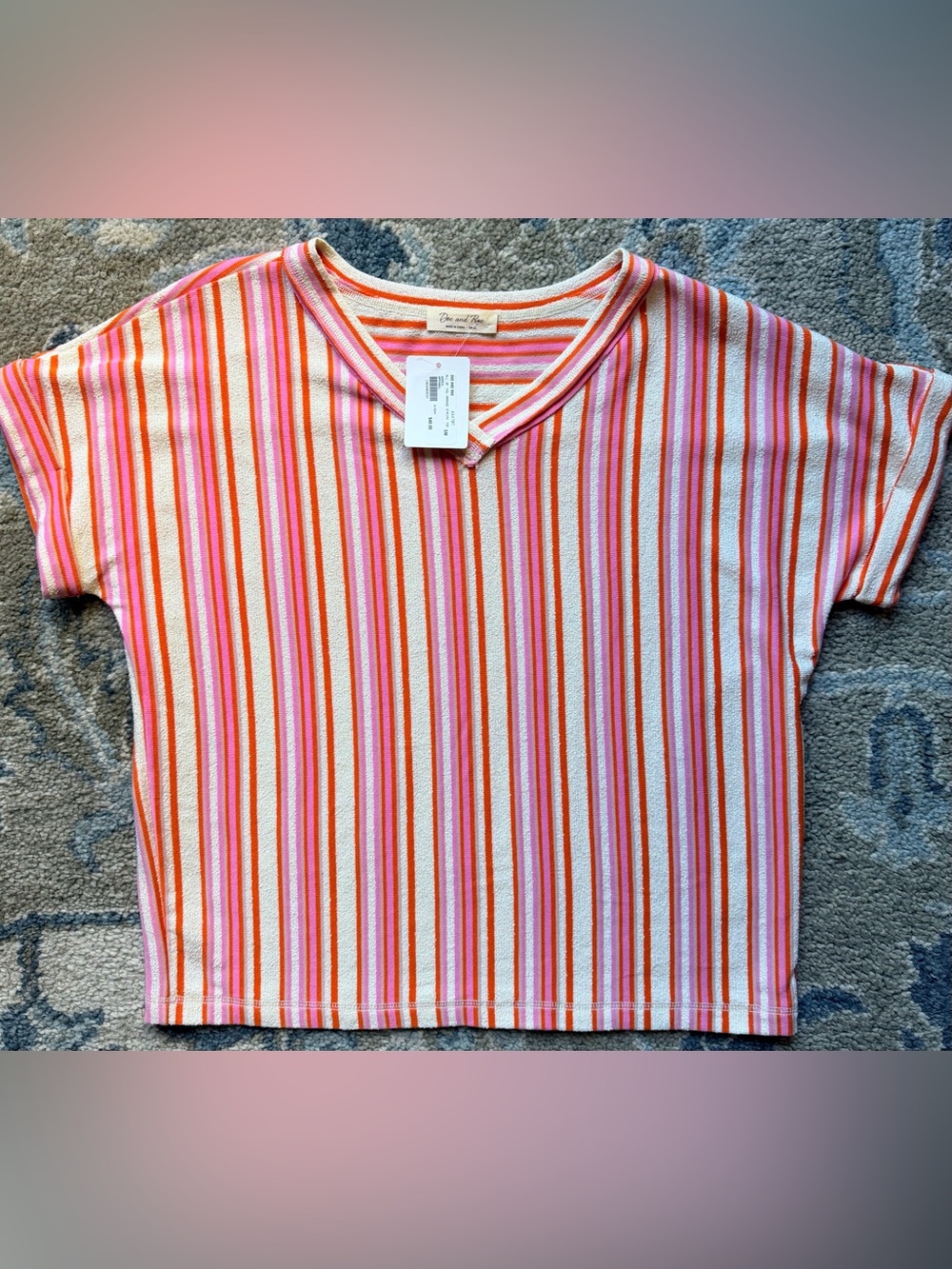 Doe & Rae Oversized Striped V-Neck Top in Pink, Orange & White NWT